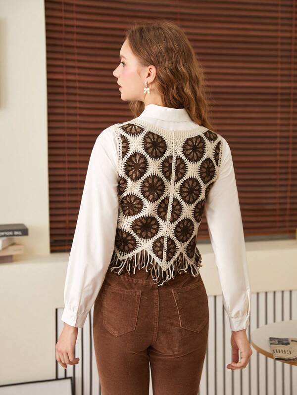 Women New Spring and Autumn Crocheted Hollow Tassel Short Vest Top Crochet hook Bella Mia